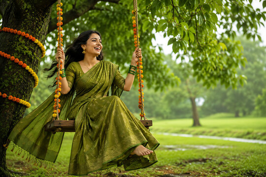 Happy hariyali teej and kajari teej joyful indian woman enjoying floral swing in green monsoon garden wearing traditional sari and beautiful festive jewelry