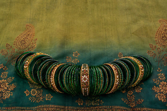 Happy hariyali teej and kajari teej green glass bangles with golden jewelry arranged on ornate textile background celebrating indian monsoon festival cultural traditions
