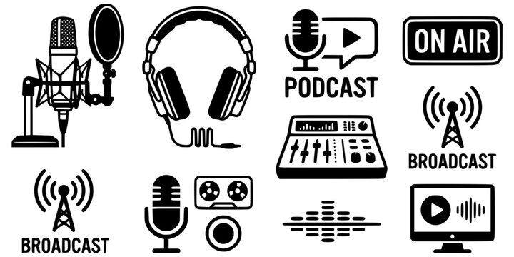 Podcast. Studio microphone with broadcast text podcast. Webcast audio record. Headphones and microphone for radio record or studio. Flat concept of online radio broadcasting See Less
