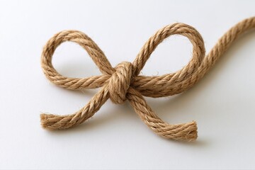 Obraz premium Close-up of a simple jute rope tied into a decorative bow knot on a white background