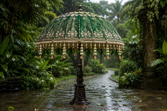 Elegant ceremonial umbrella for happy hariyali teej and kajari teej decorated with jasmine bells pearls and gold embroidery in lush rainy garden setting