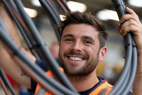 Smiling construction worker holding heavy electrical cables, wearing a high-visibility safety vest