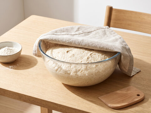 Glass bowl of rising yeast dough covered with a linen cloth on a table