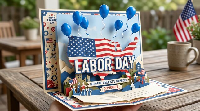 Labor Day 3D pop-up greeting card featuring American flag USA map, floating blue balloons, and paper cutouts honoring workers on a wooden table.