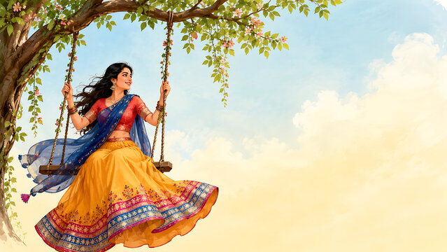 Cheerful woman celebrating happy hariyali teej and kajari teej on tree swing wearing colorful traditional dress with spacious bright sky background copy space