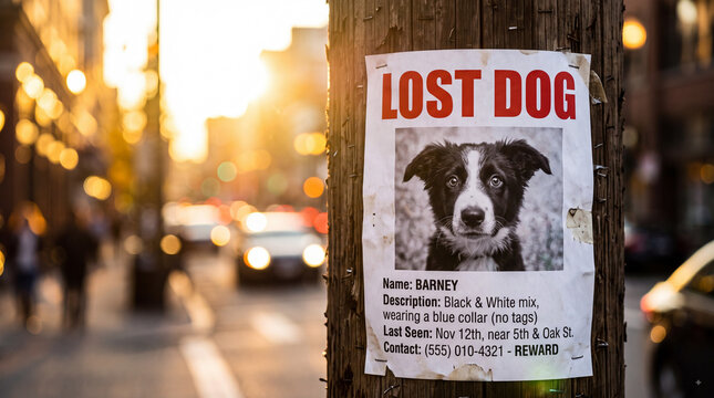 Lost dog flyer posted on a wooden pole in a city street