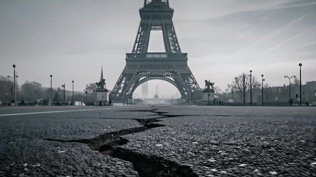 Paris, France, Europe. A moody, atmospheric photograph of the Eiffel Tower in Paris, France. The iconic structure stands tall against a hazy, overcast sky.