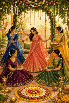 Happy hariyali teej and kajari teej celebration with indian women dancing in colorful traditional outfits around floral rangoli beneath decorated garden canopy lights