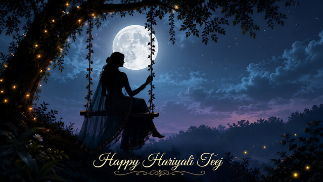 Happy hariyali teej and kajari teej moonlit celebration showing indian woman silhouetted on floral swing beneath glowing full moon and starry monsoon sky