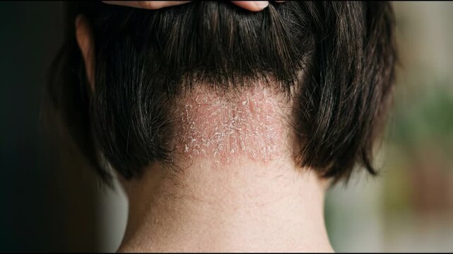Scalp Psoriasis on Nape of Neck Showing Skin Condition and Dermatology Health Issue with Irritation Symptom
