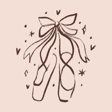 Artisanal dry brush stroke ballet pointe shoe with ribbon hand drawn sketch, stars, sparkle line art vector illustration isolated balletcore and coquettecore style shoes bow