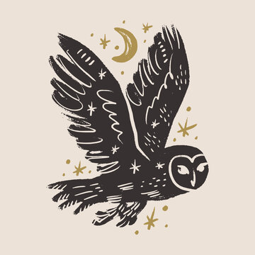 Folk boho wild scandi owl bird artisanal scandinavian nordic celestial night magic woodland animal artwork with crescent moonchild aesthetic linocut vector illustration