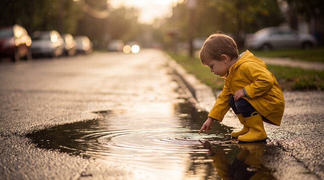 Little toddler in yellow raincoat playing in a street puddle