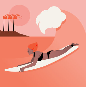 Woman Surfing in Tropical Paradise at Sunset