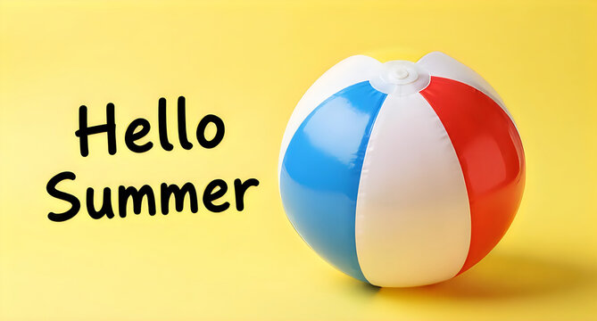 Colorful beach ball on yellow background with summer greeting, hello summer