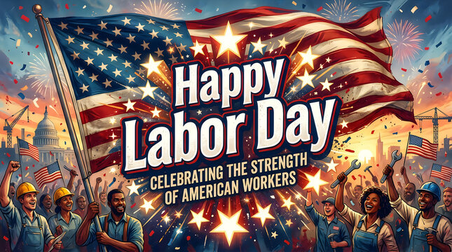Happy labor day celebration with american flag and workers, united states
