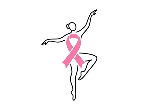 Breast Cancer Awareness Month Stylized outline of a ballerina with a pink breast cancer ribbon on white dancer silhouette