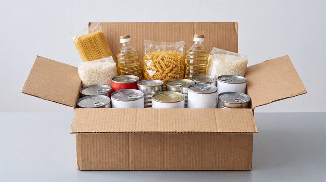 A cardboard donation box filled with essential food supplies, including pasta, oil, canned goods, and grains, representing food bank donations and charitable relief efforts.