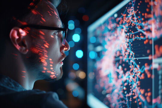 Data Scientist Analyzing Glowing AI Algorithm Flow Visualization on Transparent Computer Display