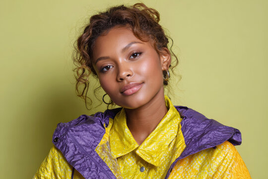 Young Woman Wearing Yellow Purple Windbreaker Jacket on Green Background Fashion Style