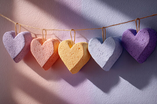 Colorful Heart-Shaped Sponges Hanging on String with Natural Window Light and Shadow
