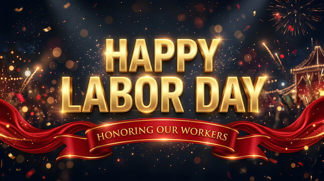 Happy labor day celebration banner with fireworks and honoring our workers text