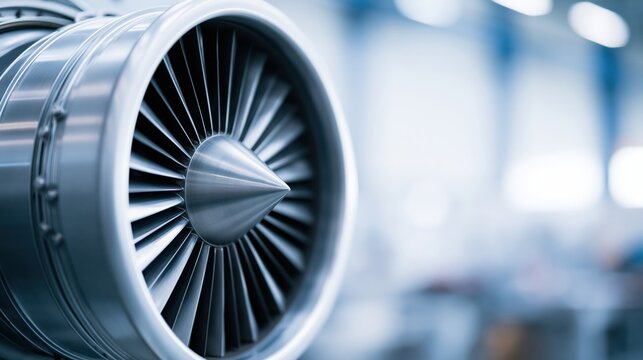 Close up view of a powerful jet engine turbine with intricate blades, symbolizing aviation technology and engineering innovation