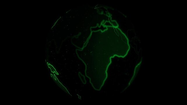 Rotating digital earth globe with green neon glowing map grid for global technology and data network communication background