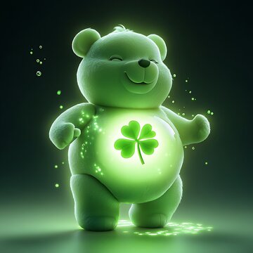Good luck bear inspired character with glowing clover heart symbol