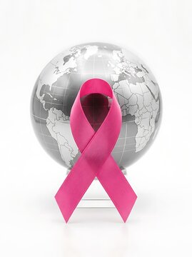 Breast Cancer Awareness Month Pink breast cancer awareness ribbon in front of a silver globe on a white