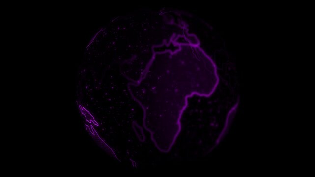 Rotating digital earth globe with purple neon glowing network lines and data points planet technology