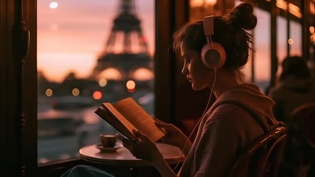 Paris, France, Europe. A woman sits at a table in a cafe, engrossed in reading a book. The setting sun casts a warm, golden hue over the scene. The Eiffel Tower is visible in the background.