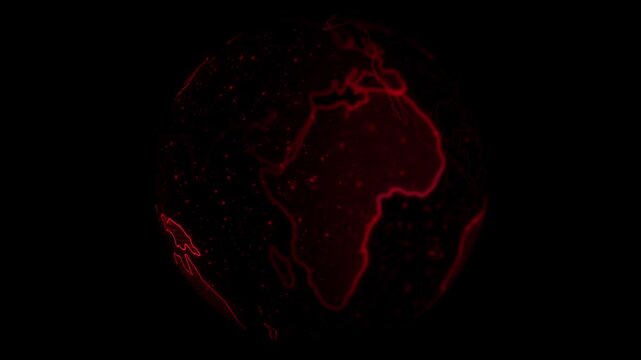 Rotating red digital earth globe with glowing data network and global connectivity planet technology