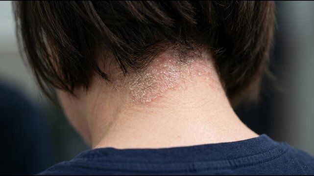 Scalp Psoriasis Close Up View Showing Flaky Dry Patches on Skin and Hairline Behind Neck Highlighting Health Concerns