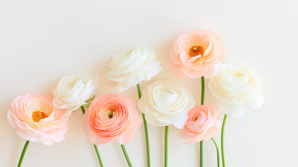 Fototapeta premium Sophisticated botanical photography of delicate blush pink ranunculus with long stems