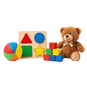 Cute teddy bear with colorful baby toys including a shape sorter, stacking blocks, and a textured ball PNG Isolated on transparent background