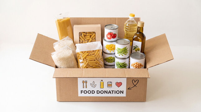 A donation carton containing essential dry goods, grains, pasta, and bottled oil against a neutral background, highlighting food security, relief programs, and charitable donations.