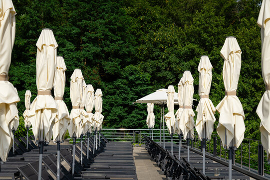 Empty poolside area with umbrellas in a green setting during sunny weather