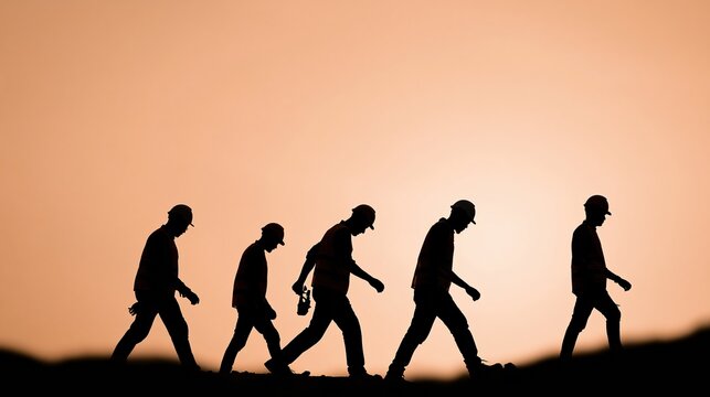 Silhouettes of figures in progressive evolutionary stages walking together against a warm sunset sky