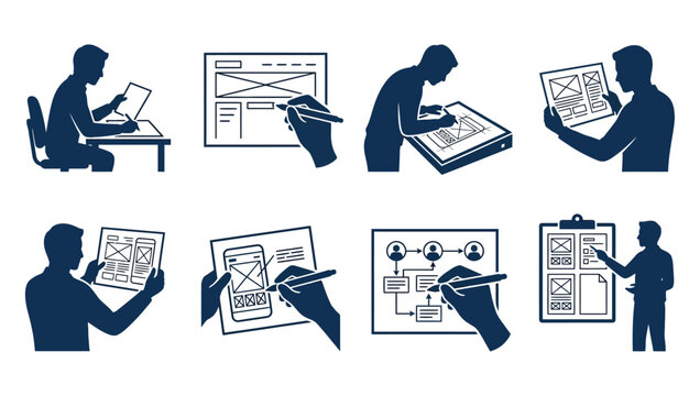 Set of UI UX design process icons and professional silhouettes.
