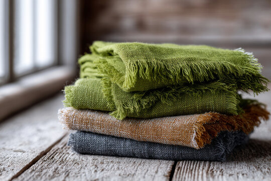 Stack of folded green rust and gray linen napkins with frayed fringe on a weathered wooden windowsill