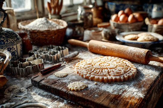 Rustic kitchen baking scene with embossed dough disc cookie cutters rolling pin and flour on a dark wood table