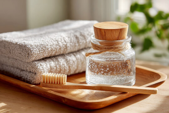 Bamboo toothbrush and glass jar with wooden cork lid arranged on a wooden tray with a folded towel in warm natural light
