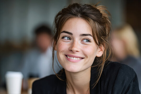Young businesswoman smiling with genuine joy during office meeting break in black blazer with colleagues in soft bokeh background