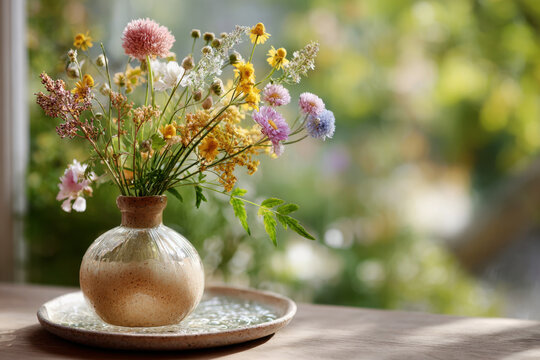 Colorful wildflower bouquet in a round speckled clay vase on ceramic tray by a sunlit window with green bokeh
