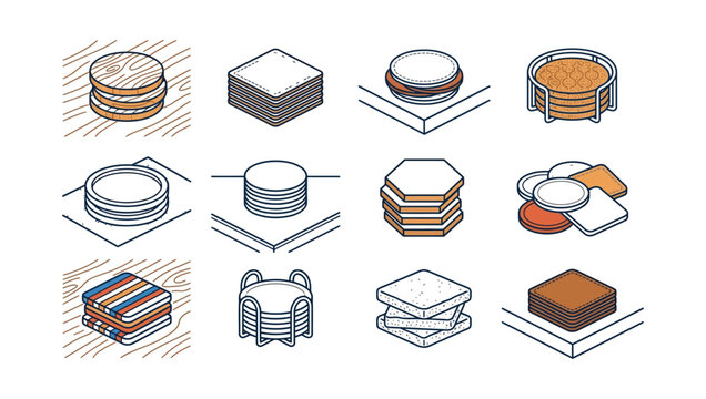Set of various drink coaster icons in isometric style.