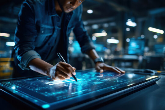 Professional using digital stylus on transparent touchscreen with holographic CAD interface in workshop