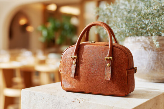 Brown leather top handle handbag with gold hardware displayed on a stone surface in a warm minimalist interior
