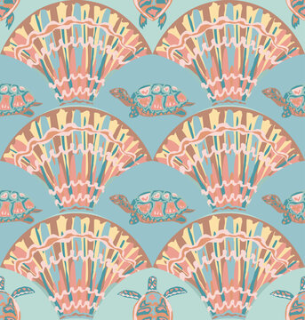 Seamless pattern with seashells and turtles on blue background, coastal ocean design for textile, wallpaper and packaging