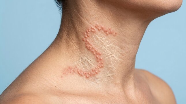 Close-up of a skin rash with small red papules in a winding pattern on a person's neck